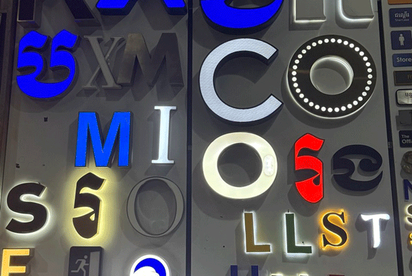 Custom Made 3D signage sample board By Capital Arts showing different illuminated logo letter styles