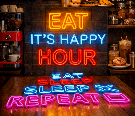 eat-sleep-repeat-hotel-neon-sign-by-capital-arts it's 'happy our neon sign by capital arts
